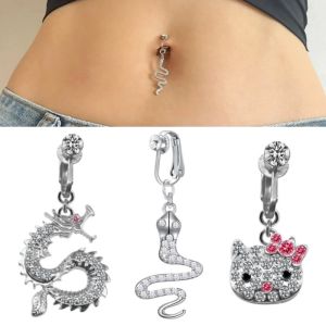 Piercing-Free Clip Belly Ring Snake-Shape Animal Pendant Fake Navel Ring Titanium Steel Couples Jewelry Gold Plated Gemstone