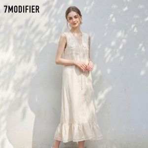 7.Modifier | Đầm V-neck 3D Hoa Ren Ghép Ruffle Mùa Hè