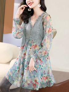 Chiffon Shirt Women Dress New Fashionable and Trendy Mid Length Floral Top European Oversized Belly Covering Shirt