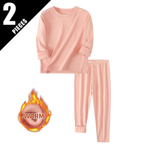 2-piece Childrens Autumn And Winter Solid Color Round Neck Thermal Underwear Set Comfortable Casual Sleepwear For Boys And Girs