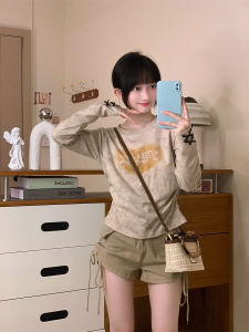 American Retro Heart Printing Tie-Dye T-Shirt Womens Unique Chic Three-Dimensional Bows Long Sleeves Waist-Tight Slimming and Short