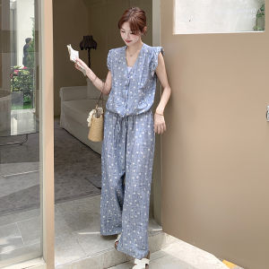 YINLUOYA | Casual Summer 2025 Womens Two-Piece Set Sleeveless Wide Leg Pants V-Neck Button-Up Breathable Comfortable Vacation Wear