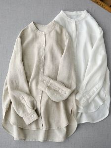 High-End Linen Stand Collar Shirt Womens Autumn Medium Length Artistic Solid Color Simple Loose Long Sleeve Open Cardigan Cotton Linen Top