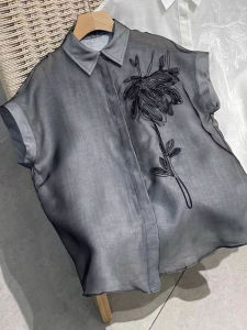 French Heavy Embroidery Short Sleeve Grey Business Casual Sense Luxury Women Shirt Spring Summer New Styles Loose Fit Regular Length