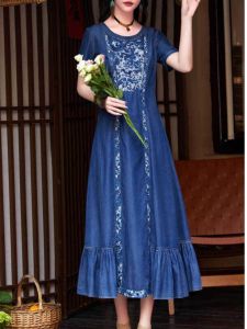 ชุดเดรสยาวทรงเอแขนสั้นคอตุ่มปักลายสไตล์ชาติพันธุ์ฤดูร้อนปี 2024 สำหรับผู้หญิงวัย 25-35 ปี ผลิตจากผ้าฝ้ายผสมลินิน