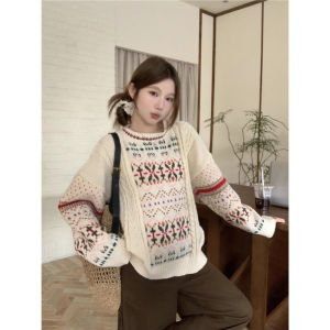 Retro Christmas Floral round Neck Pullover Sweater Womens Loose Lazy Style Casual Soft Knitted Top Winter Fashion Ladies