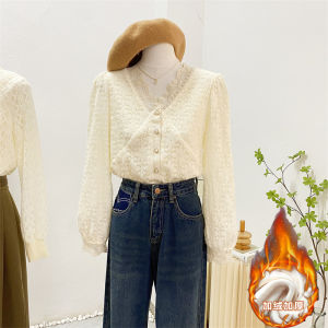 เสื้อเชิ้ตคอวีลูกไม้ปักลายแขนโคมไฟหนาสำหรับผู้หญิงในฤดูใบไม้ร่วงและฤดูหนาว เสื้อเชิ้ตทรงหลวมสไตล์เกาหลีแบบลำลอง