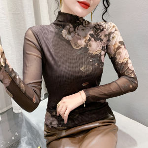 Yimei Áo thun nữ lưới cao Cổ Dài Tay Thu Đông Mới 2023 4XL Áo len chui dầu thời trang in hoa định vị cho nữ