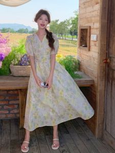 YINLUOYA | Elegant A-Line Dress Womens Summer 2025 New Korean Style Slimming High Waist Versatile Dress Unique Design Bubble Sleeve V-Neck