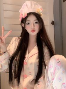 หวาน สุนัขตัวน้อยหัวใจ การ์ตูน น้ําแข็ง ผ้าไหม ชุดนอน เสื้อผ้าบ้านสบายสําหรับเด็กผู้หญิงแขนยาว คอวี ฤดูใบไม้ร่วง ฤดูหนาว ชุดนอน