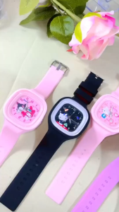 Jam Tangan Kuarsa Anak Hello Kitty Kartun Lucu Dial Persegi Tali Silikon Jam Tangan Warna Permen