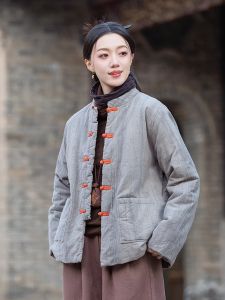 Retro Style Womens Cotton Linen Jacket with Embroidered Buttons Tie Dye Design Thickened Autumn Winter Coat Chinese Style