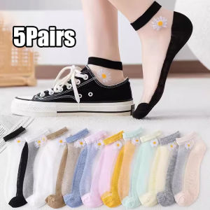 5Pairs Women White Daisy Flower Short Socks Set Fashion Summer Thin Breathable Candy Color Transparent Crystal Silk Ankle Sock