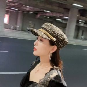 ALENADAY - Topi Wanita Terbaru Korea Style Topi Baret Navy Rantai Kotak Segi Delapan Vintage HAT18