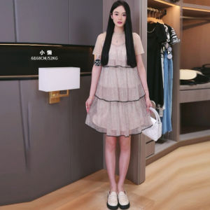 Váy Lưới Đính Chấm Bi Mềm Mại Mùa Hè 2025 Váy Nữ Thương Hiệu Giảm Giá Váy Chữ a Cổ Tròn Tay Ngắn Polyester Nylon