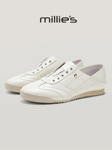 MILLIES Genuine Leather Slip-On Flat Bottom Comfortable Womens Shoes Fashion Casual Sporty Style Deep Mouth Rubber Sole