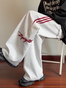 American Style Striped Patchwork Mens Sweatpants Spring Autumn Letter Embroidery Casual Sports Loose Large Size Straight Leg Pants