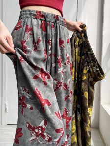 American Retro Ice Silk Embroidered Wide Leg Pants Womens Summer Thin High Waist Drape Cool Floral Straight Casual Pants