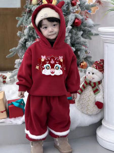 ชุดเด็กฤดูหนาว ชุดสองชิ้นบุขนแกะสีแดง แจ็คเก็ตและกางเกงขายาว เสื้อผ้าเด็กชาย ชุดปีใหม่ วัสดุอื่นๆ 100%