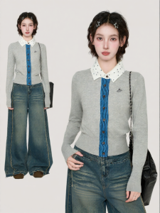 BAIDAIFEI | Gray Polo Neck Fake Two-piece Knit Top
