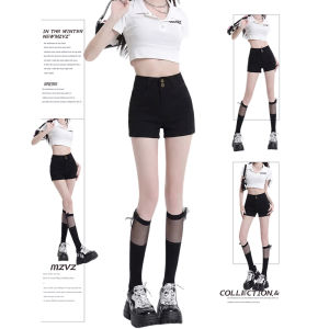MZVZ | Vintage Black High Waist Slim Fit Denim Shorts 2 Buckles