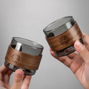 1pcs Heat-resistant Glass Tea Cup Set With Scald Proof Wooden Holder Clear Kungfu Tea Master Cup Home Coffee Espresso Mug