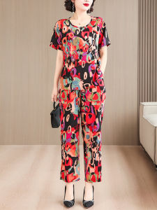 Bourette Suit Womens Summer Wear Middle-Aged Mom Western Style Younger Fashion Color Casual Outerwear Homewear Two-piece Set