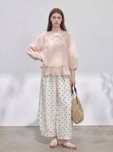 GULILI | Light Peach Lace Ruffled Sleeve Long Top Polka Dot Wide Leg Trousers Linen Set