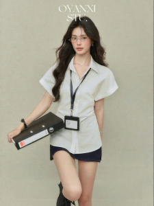 OUYANGXI | Áo Sơ Mi Cổ Bẻ Phong Cách POLO Trắng Ôm Dáng Cho Nữ