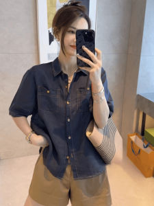 Elegant Short Sleeve Shirt Women Summer Thin Outerwear Loose Slimming Turn-down Collar Top Casual Style Button Detailing