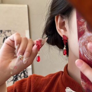 Hoa Tai Đôi Màu Đỏ Cho Nữ Đính Hôn Lễ Hội Xuân Phong Cách Trung Hoa Phù Hợp Cho Mùa Đông Trang Sức Tai Dân Tộc