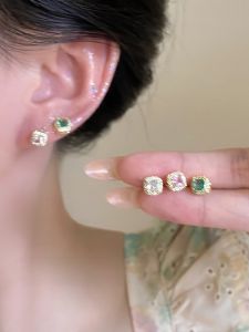 Colorful Zircon Ear Studs for Women New 2025 Fashion Jewelry Fresh out Freshness Ear Caring Hole Bone Studs Geometric Pattern