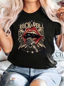 WomenS Vintage Rock Roll Microphone Mouth Graphic Tee - Casual Crew Neck Short Sleeve T-Shirt Summer Fashion Allseason Top