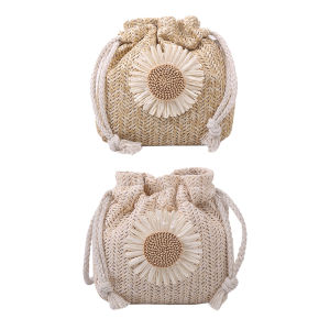 Women Straw Bucket Shoulder Bags Flower Drawstring Woven Crossbody Pouch