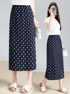 MEITESIJIAONU | Navy Blue Rayon Linen Polka Dot Thin Half Skirt