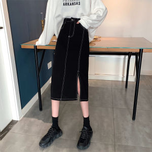 สูง เอว สีดำ เดนิม Mini กระโปรง ทรงเอ เดรสรัดรูป ยาว กระโปรง ผ่าชาย ดีไซน์ Sensation For Short Women ความยาวปานกลางครึ่ง กระโปรง