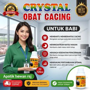 Obat Cacing Hewan Babi Cair Crystal 120ML dalam botol plastik putih dengan label kuning dan gambar babi. Fit untuk babi.