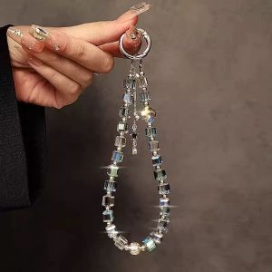 Luxury High-end Square Crystal Bead Mobile Phone Chain Wrist Short Hanging Rope Keychain Bag Pendant Boutique
