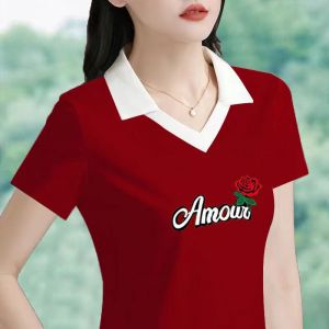 Summer New Casual Cotton Short Sleeve T-Shirt Womens Pure Cotton Top Middle-Aged Moms Polo Shirt Sweet Countryside Style