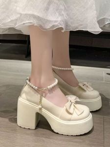 รองเท้าส้นสูง Mary Jane สไตล์ฝรั่งเศสสำหรับผู้หญิง ฤดูใบไม้ผลิและฤดูใบไม้ร่วง รองเท้าแตะส้นหนา รองเท้าแฟชั่น รองเท้าส้นสูงแบบสวมสบาย