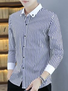 ROMON | Romon Striped Long Sleeve Fleece Lined Loose Business Casual Iron Free Work Shirt Spring Autumn New Style Mens Cardigan Coat