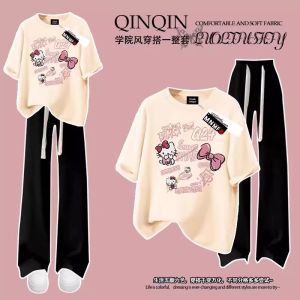 Girls Summer Short Sleeve Outfit Cartoon Kitty Cat Print Wide Leg Pants Two Piece Set Casual Cotton Clothing for Kids