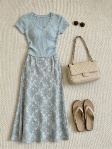 QINGMUZI | Floral Loose-Fitting Slim A-Line Dress Set