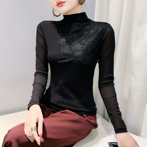 YIMEI European New Mesh Hot Diamond Embroidered Top Long Sleeve T-shirt Womens Fashion Korean Style Slimming Half High Collar Bottom Shirt 2024 Trend