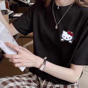 Áo Thun Cotton Thêu KT Cat Dành Cho Nữ Mùa Hè Dáng Rộng Cổ Tròn Tay Ngắn in Họa Tiết Hoạt Hình Phong Cách Mỹ