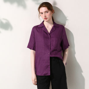 Miccbeirn | Pure Linen Casual Commute Short Sleeve Shirt Loose Classic Color Breathable Comfortable Women Open Cardigan Style Top