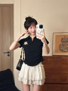 Cute Cartoon Cat Embroidery Short Sleeve Polo Shirt V-Neck Slim Fit Korean Style Womens T-Shirt Small Size Slimming Short Length