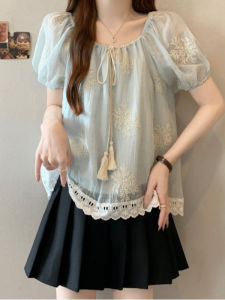 AIYITI | Unique Beautiful Lace Embroidery Short Sleeve Loose Womens Shirt Summer Plus Size Comfortable Lazy Style Belly Cover Top
