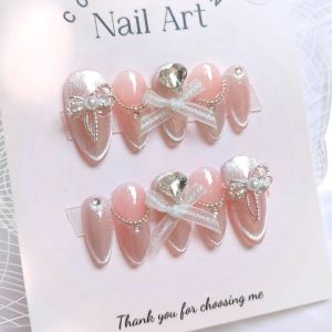 Móng tay thiết kế Nail box mắt mèo nơ ruy băng vải mã số AB6