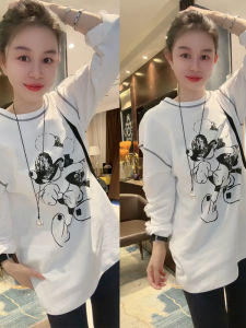 Casual Loose Womens T-shirt Fashion Design Sense Mickey Pattern Print Splicing Stitching Trendy Top Mid-Length round Neck